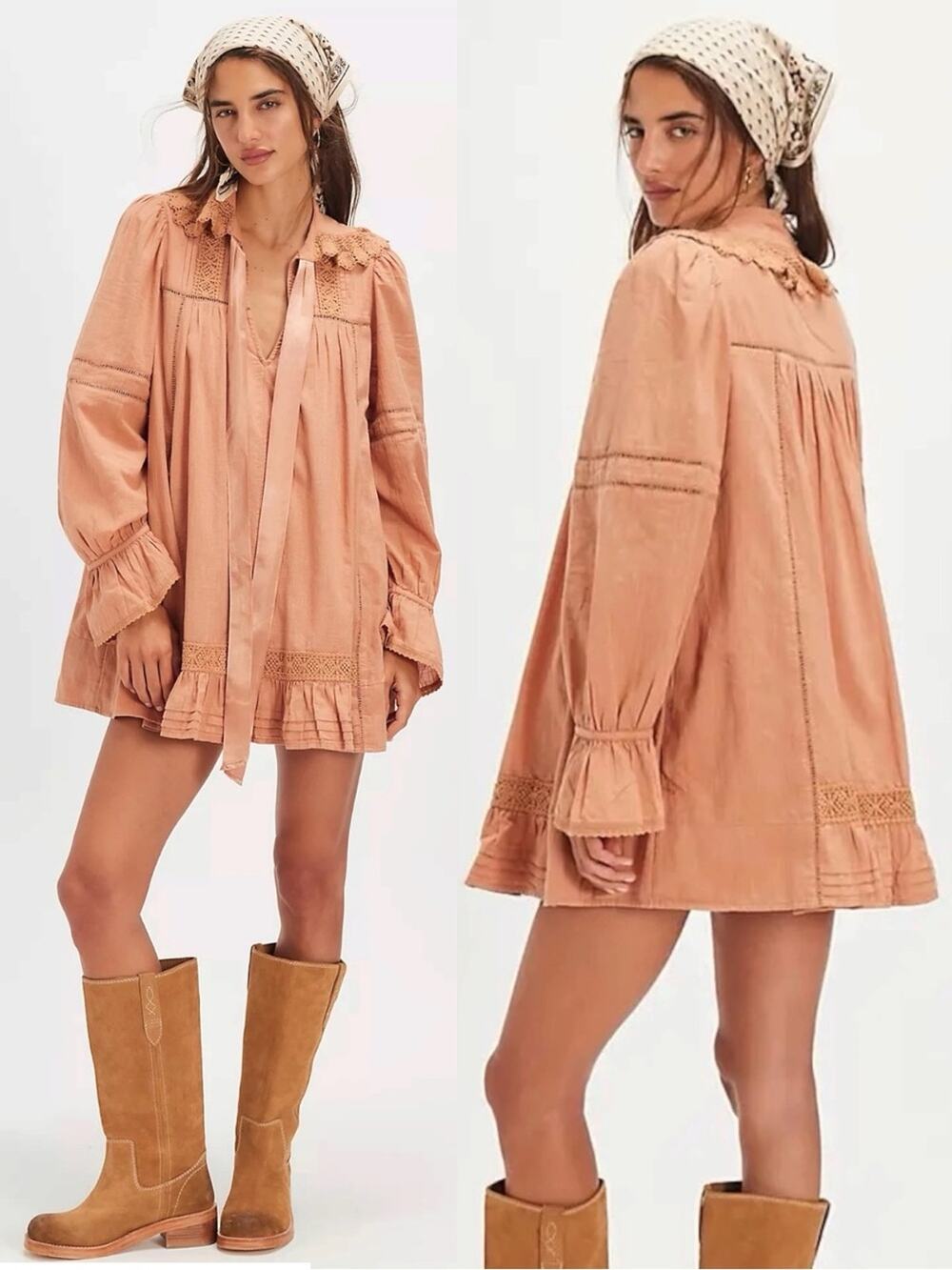Free People Dainty Cottage Crochet 5 O'clock Tea Time Mini Dress Neutral Medium